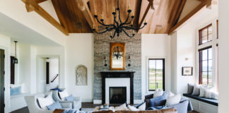 Heber Valley home, Wood planked ceiling, Great room, Fireplace, William Morris wallpaper